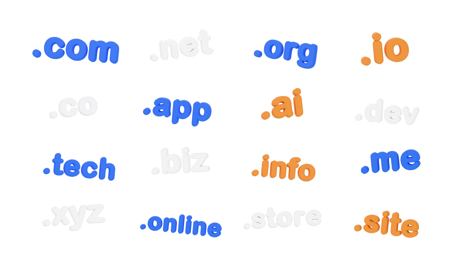 Soft cobalt, white, and orange clay domain endings: .com, .net, .org, .io, .co, .app, .ai, .dev, .tech, .biz, .info, .me, .xyz, .online, .store, .site.